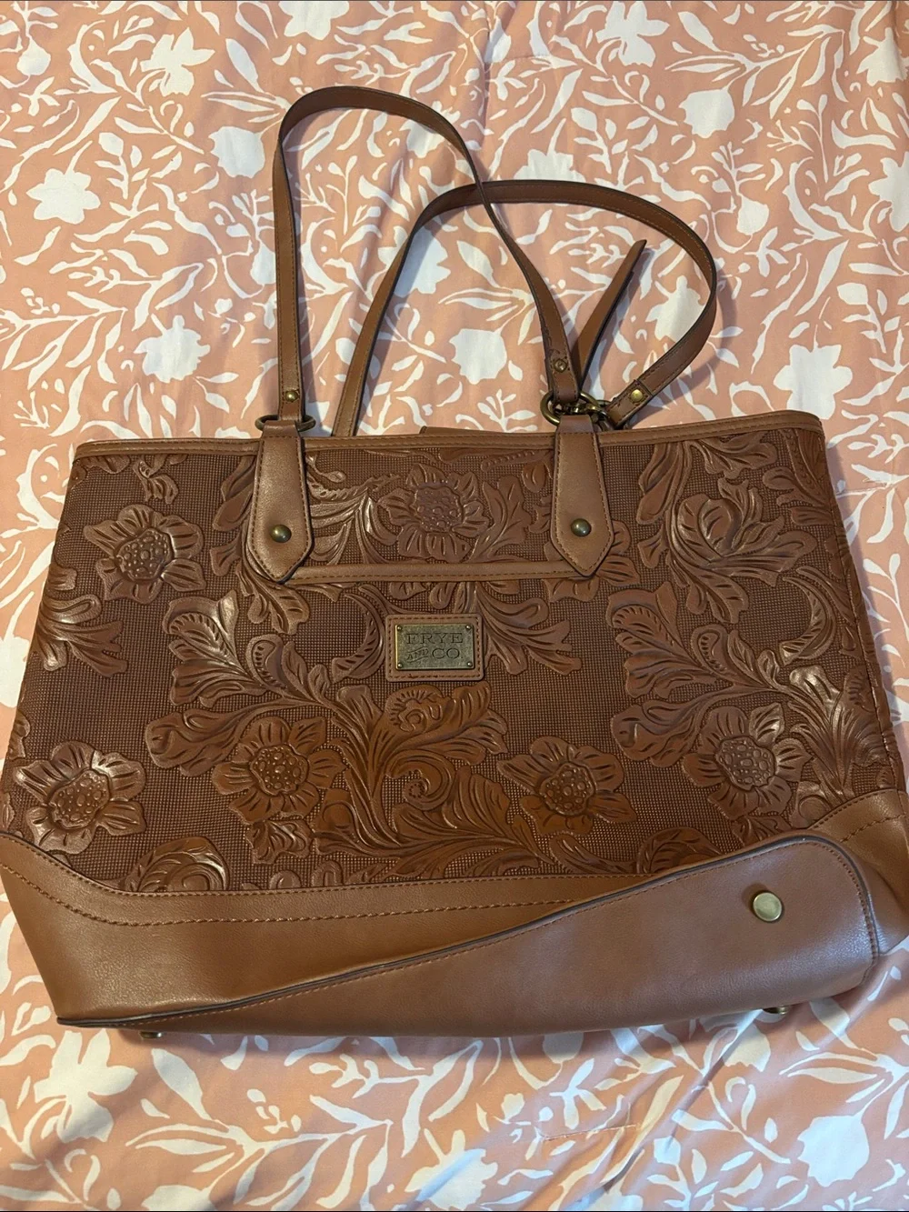 FRYE AND CO. Embossed Floral Tan Leather Tote